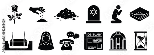 Essential symbols for funeral services, depicting mourning rituals, burial processes, and remembrance, perfect for memorial announcements, end of life planning, or grief support.