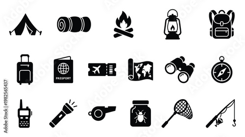 Collection of black glyph icons representing various outdoor adventure, camping, and travel essentials, perfect for mobile app interfaces, web graphics, and informational signage