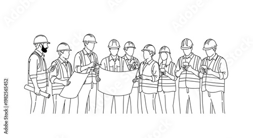 Team of construction workers reviewing blueprints on a site.