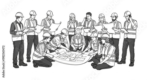 Team of construction workers gathered for a safety briefing.