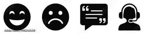 Customer experience feedback icons with happy and sad emoticons, a quote bubble, and a headset operator symbol for user satisfaction surveys or service ratings applications