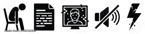 Collection of visual icons representing various challenges such as stress, documentation, technical glitches, muted audio, and power failure for corporate presentations