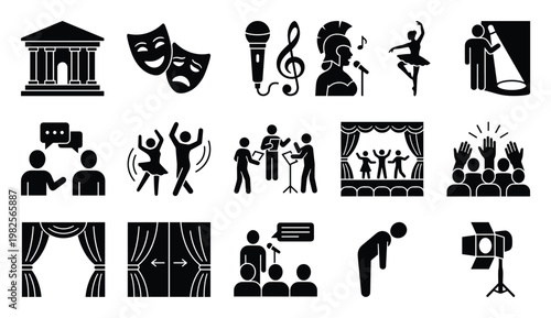 Comprehensive collection of performing arts and theater icons representing various elements of stage production, live entertainment, and artistic expression for event planning and cultural