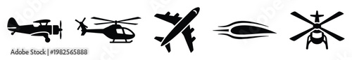 Black silhouette icons of aircraft types including biplane, helicopter, and passenger jet, along with aerodynamic shapes, suitable for aviation, transportation, and flightthemed design