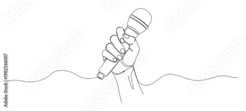 Dynamic line drawing of a human hand firmly gripping a microphone, ideal for conveying concepts of public speaking, music performance, or vocal expression in presentations and media