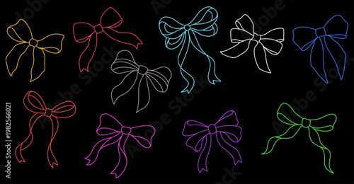 黒背景に映えるネオンカラーの手描きリボン装飾セットおしゃれで華やかなラインアートコレクション
