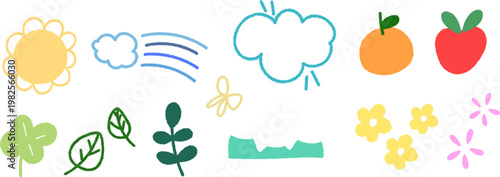 手描き風の太陽や雲風や植物と果物を組み合わせたナチュラルで優しい雰囲気のイラスト素材セット