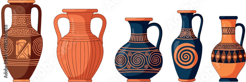 Vector Set of Ancient Greek Style Vases with Geometric and Spiral Patterns