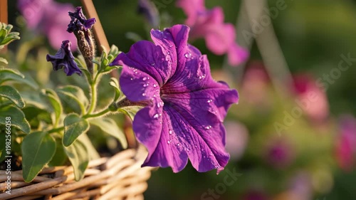 Purple Petunia Flowers Swaying in Hanging Wicker Basket 4K Video