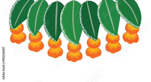 A row of stylized green leaves with stacked orange fruit ornaments, often used in cultural celebrations.