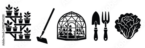 Collection of garden essentials featuring potted plant displays, a classic hoe, a spherical greenhouse, useful hand tools, and a leafy vegetable, ideal for illustrating home gardening and