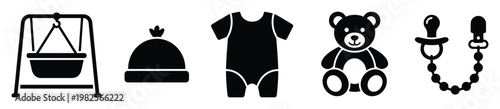 Collection of essential baby items including cradle, hat, bodysuit, teddy bear, and pacifier, ideal for parenting blogs, baby shower invitations, and childcare product advertisements