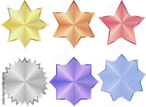 グラデーションと光沢が美しい多角形スター形状の装飾バリエーションセット、ゴールドやシルバーを含む高級感あるバッジ風デザイン素材