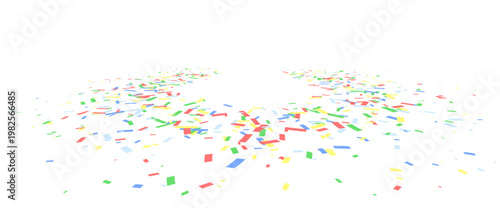 白背景にカラフルな紙吹雪が広がるパーティー演出素材、赤青黄緑の軽やかなコンフェッティが舞う祝祭感あふれる背景デザイン