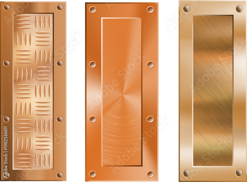 光沢感のある銅とブロンズのヘアライン加工をリアルに再現した工業用メタルプレート背景、ネジ留め装飾付きの重厚で高級感あるテクスチャ素材