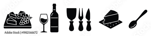 Elegant black silhouette icons featuring a cheese board with grapes, wine bottle, glass, and specialized cutlery, ideal for sophisticated food and beverage branding or digital media