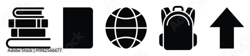 Collection of educational and travel related icons featuring stacked books, a notebook, a globe, a backpack, and an upward arrow for various learning and journey concepts