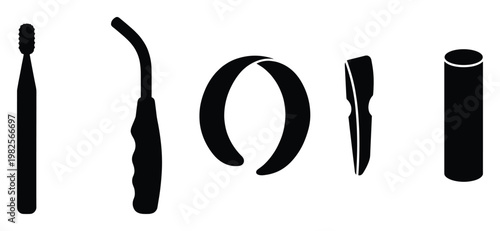 Versatile collection of various specialized tools and instruments presented as dark silhouettes, ideal for industrial, medical, or crafting equipment design resources