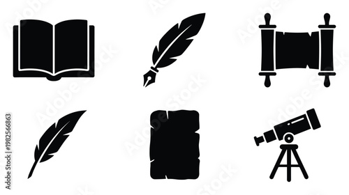 Collection of essential history and knowledge glyphs featuring an open book, quill pens, ancient scroll, old parchment, and a scientific telescope for education and learning concept visuals