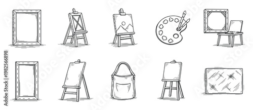 Collection of essential sketchstyle painting tools and artist supplies, including canvases, easels, palettes, and brushes, ideal for creative projects and workshop promotions.