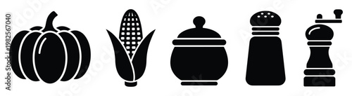 Essential food and kitchen condiment glyphs featuring a pumpkin, corn on the cob, sugar jar, salt shaker, and pepper grinder, ideal for recipe websites, culinary blogs, and cooking app