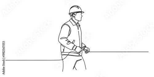 Continuous line drawing of a professional worker in a hard hat and jacket, symbolizing construction, engineering, and development for various industryrelated projects.