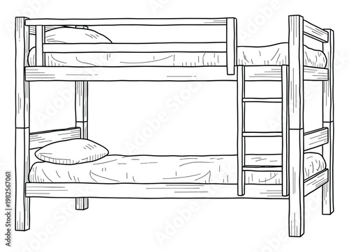 Detailed hand drawn bunk bed outline for bedroom decor ideas, childrens sleeping arrangements, hostel accommodations, cozy lodging designs, or camping illustrations