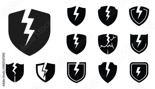 Set of broken shield with lightning bolt icons representing security breach data protection failure and danger useful for cybersecurity warnings alert systems error messages