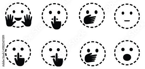 Emoji icons with various hand gestures and facial expressions, modern flat vector collection showing emotions, approval signs