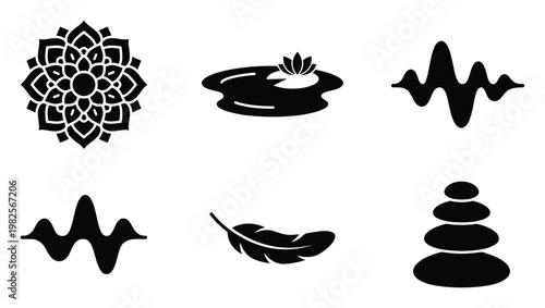 Serene set of wellness and spiritual symbols with a mandala, water lily, feather, sound wave, and stacked stones, perfect for meditation, yoga, and mindful living applications.