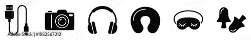 Travel accessories icons set including USB cable camera headphones neck pillow sleep mask and earplugs perfect for travel application interfaces and website design