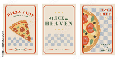 Retro-style pizza posters depicting Italian food. Graphic illustration of a fast food slice for a restaurant menu or cafe wall decor. Kitchen theme in vintage style with typography.