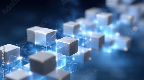 Network of Technological Cubes: An intricate web of interconnected technological cubes, glowing with data streams, symbolizes the essence of digital connectivity and technological innovation. 