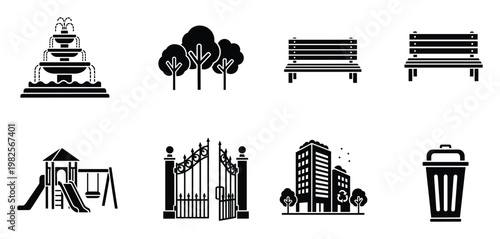 Essential black silhouette icons depicting park and urban landscape elements including fountains, trees, benches, playgrounds, gates, buildings, and trash cans for various graphic design