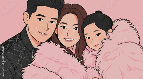 Happy Family in Matching Pink Winter Coats