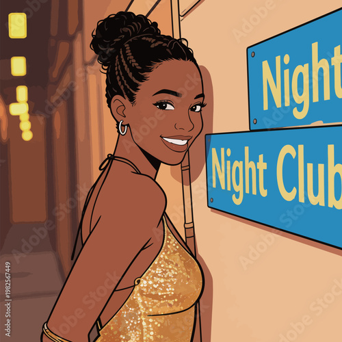 Woman at Night Club Signage Illustration