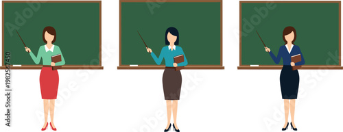 Female teacher standing at chalkboard holding book and pointer classroom education concept professional educator vector illustration set