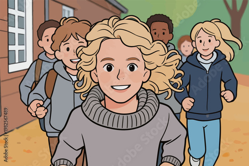 Group of Students Running Outside School