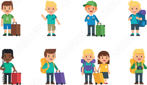 Kids traveler characters illustration set with suitcases backpacks and tourism elements cute children travel and vacation design collection