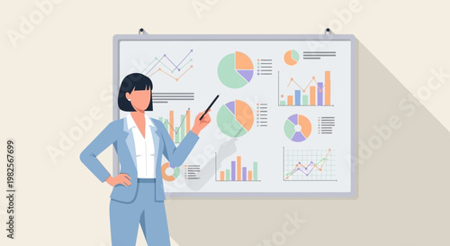 Businesswoman presenting financial data charts on whiteboard.