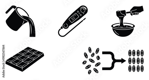 Set of black and white icons illustrating chocolate making and tempering process, including pouring liquid, measuring temperature with a digital thermometer, stirring ingredients, a