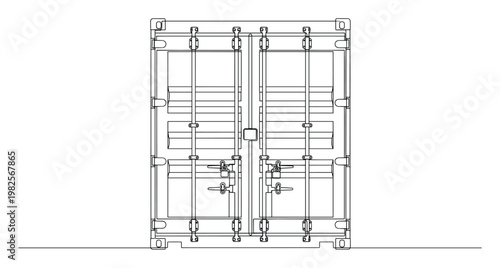 A precise line drawing depicting the robust rear doors of a standard cargo shipping container, complete with detailed locking bars and secure hinges, perfect for illustrating industrial