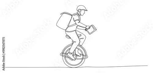 Continuous line drawing of a courier wearing a helmet and delivery backpack while expertly riding a unicycle and holding a tablet, perfect for illustrating modern urban delivery services or