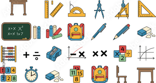 Mathematics and Geometry School Icons Vector Set Featuring Tools Numbers Graphs and Classroom Elements