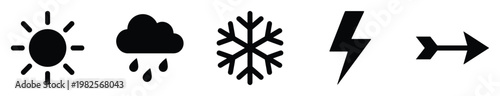 Set of black weather icons including sun, rain, snowflake, and lightning bolt, along with a directional arrow, perfect for forecasting applications and informative presentations