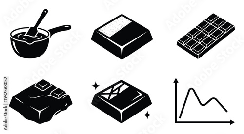 Monochrome cooking and finance icons featuring melting chocolate in a pot, a chocolate bar, butter block and a financial chart for recipe blogs and business analytics