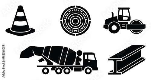Set of construction icons featuring a traffic cone, manhole cover, road roller, concrete mixer truck, and Ibeam for various industrial projects and engineering designs