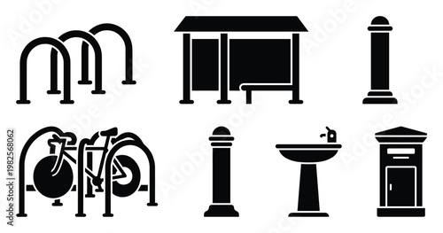 Versatile icon set featuring public amenities like bicycle racks, a bus stop, bollards, drinking fountain, and a mailbox, ideal for city infrastructure and community service graphics.