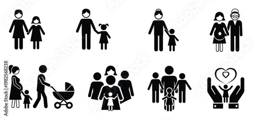 Diverse stick figure family icons depicting various relationships, parenting scenarios, and generational bonds, ideal for illustrating human connections, social dynamics, and care concepts.