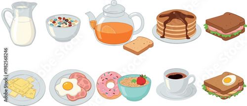 Illustration Set of Delicious Breakfast Items Including Pancakes, Eggs, Sandwiches, and Coffee